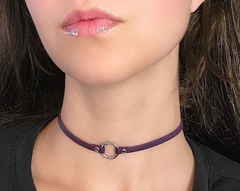 Purple Collar Choker, Small Faux Leather Tiny O Ring Goth Choker, Thin Gothic Collar for Women,  eGirl Jewelry, Grunge Punk Jewelry