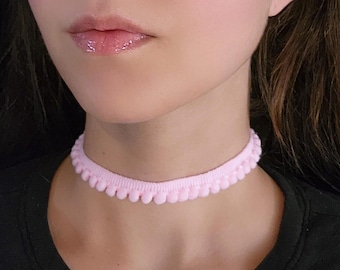Pink Pompom Choker, Kidcore Kawaii Puffy Pom Pom Necklace, Sweet Lolita Fashion, Pastel Goth Necklace, Decora Harajuku Layering Jewelry