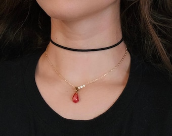 Pomegranate Necklace, Thin Black Choker Layered Pink Pendant Persephone Jewelry, Dainty Gold Chain Charm Necklace, Faux Leather Choker
