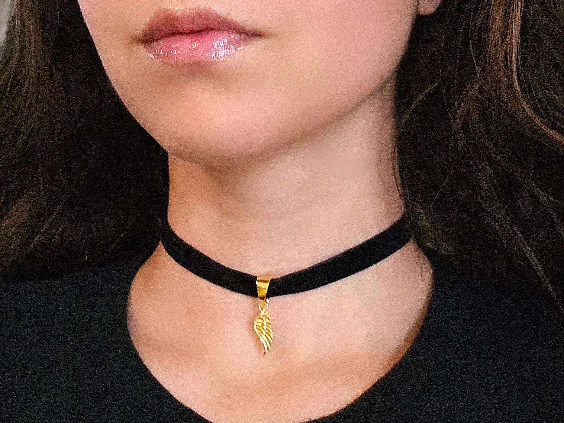 Angel Wing Necklace, Goth Black Velvet Choker, Whimsigoth Gold Charm Necklace, 90s Grunge Gothic Choker