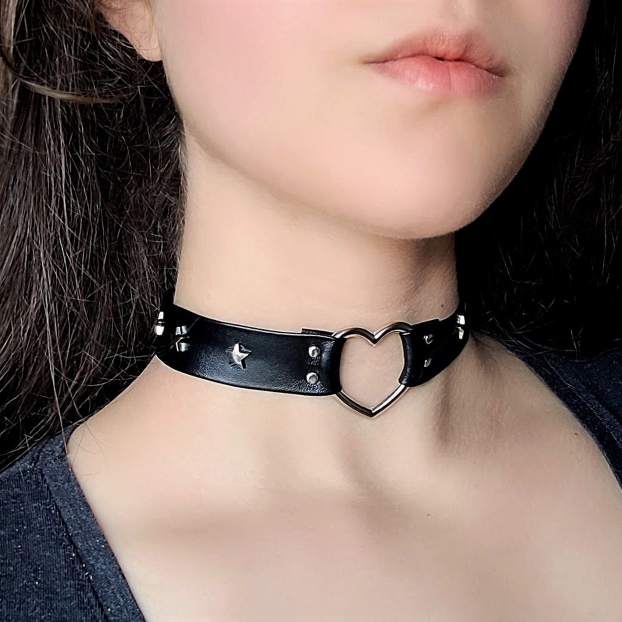 O Ring Heart Choker, Star Studded Choker Collar, Black Vegan O Ring Heart Choker, Star Studded Choker Collar, Black Vegan