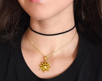 Gold Sun Necklace, Goth Thin Black Choker Layered Necklace, Boho Star Charm Necklace, Dainty Chain Choker, 90s Grunge Celestial Jewelry