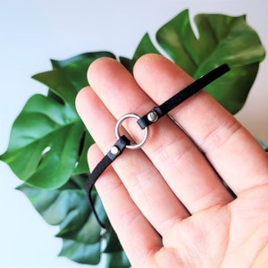May include: A black leather choker necklace with a silver ring accent. The ring is a simple circle with a smooth finish.