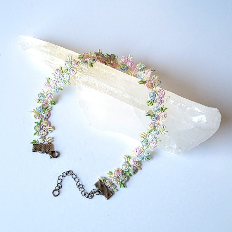 Floral Lace Choker, Whimsical Necklace, Pastel Pink Rose Embroidery, Blue Flower Necklace, Fantasy Fairycore Jewelry image 7