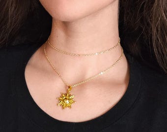 Gold Sun Necklace, Thin Dainty Chain Choker Layered Necklace, Boho Star Charm Necklace, Whimsigoth Celestial Jewelry