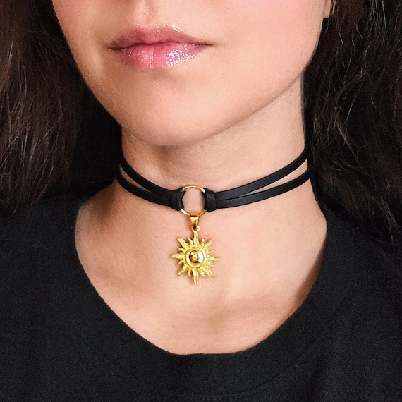 Silver Sun Necklace, Goth Black Knot O Ring Choker Layered