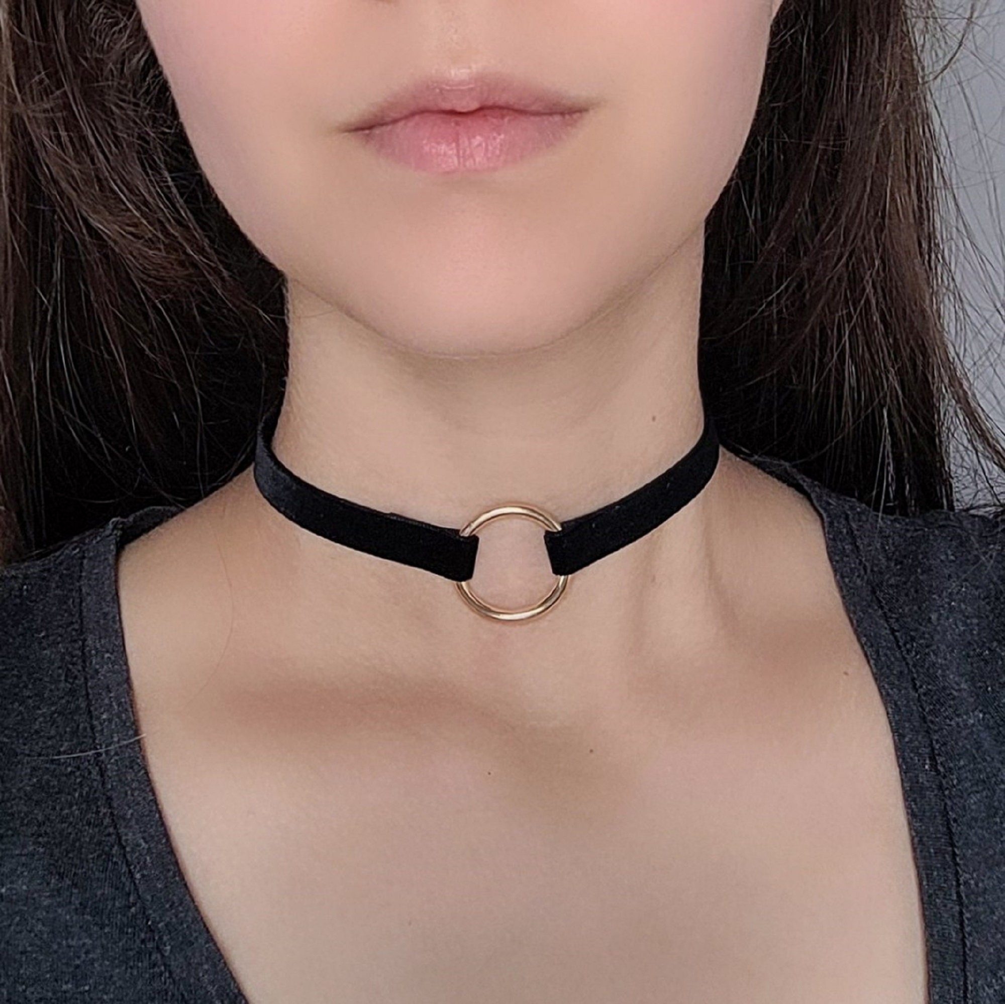 Silver O Ring Choker, Black Velvet Collar Choker, 90s Goth