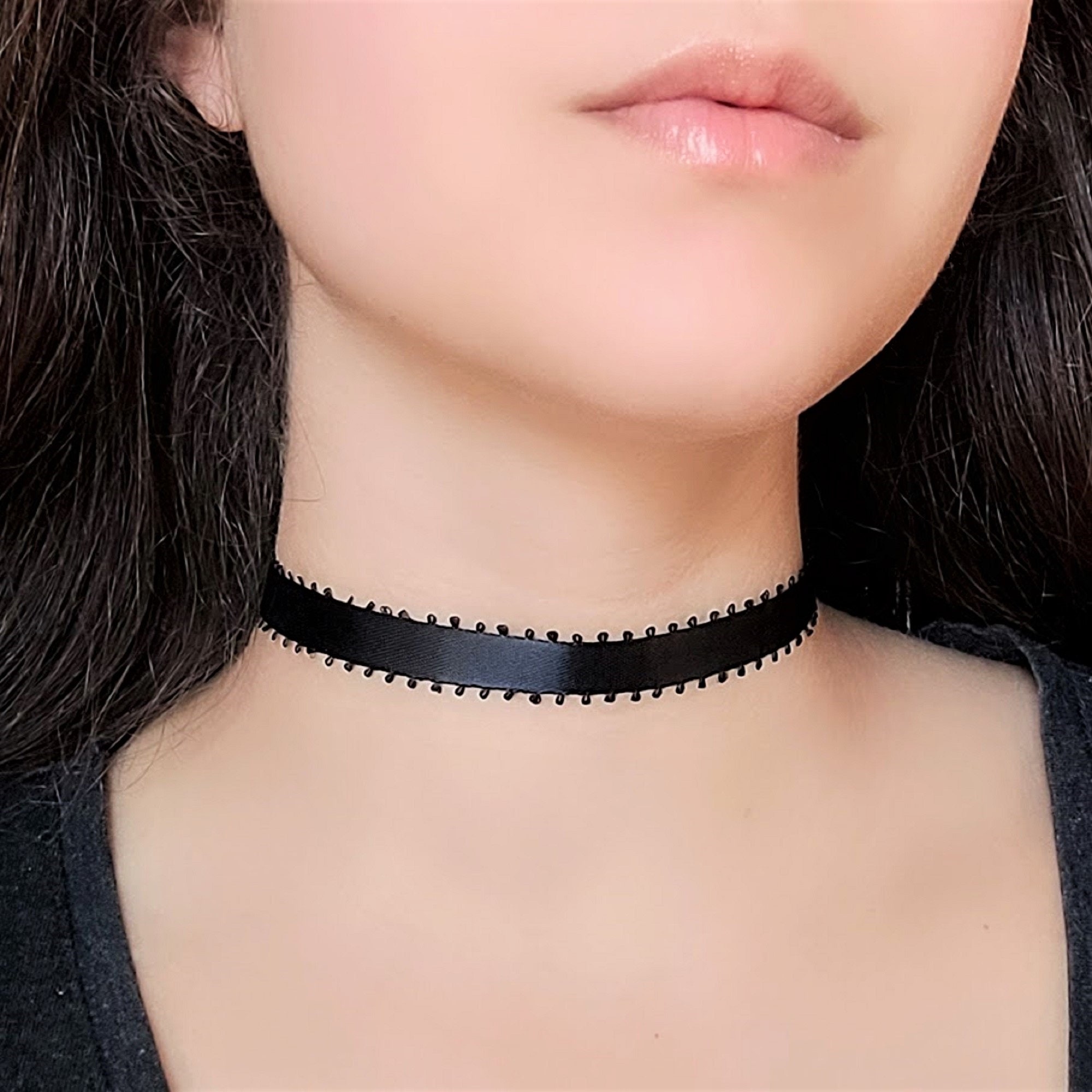 Gothic Lolita Bow Choker, Black Satin Ribbon Bow Necklace