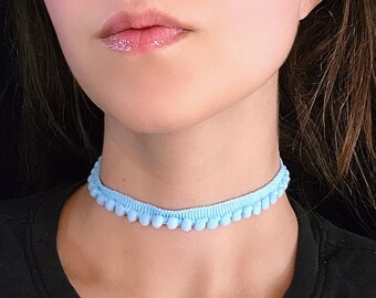 Sky Blue Pom Pom Choker, Kidcore Kawaii Puffy Pompom Necklace, Sweet Lolita Fashion, Pastel Goth Necklace, Decora Harajuku Layering Jewelry