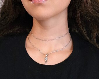 Gold Angel Wing Necklace, Thin Dainty Chain Choker Layered Necklace, Guardian Angel Necklace, Angelcore Jewelry
