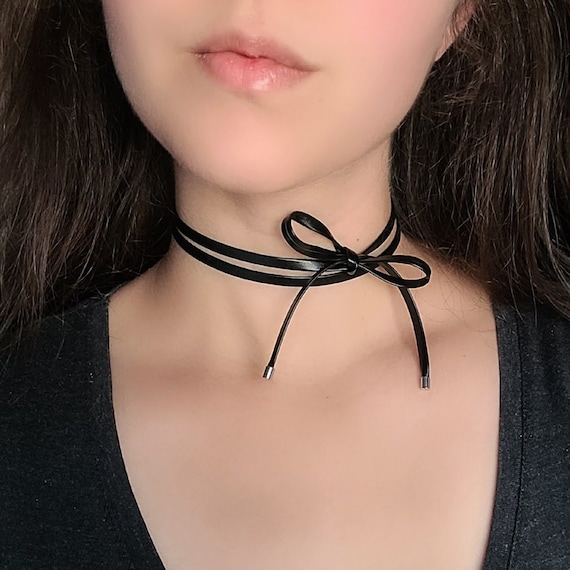 Black Bow Necklace Vegan Leather Choker Bow Tie Thin Layered