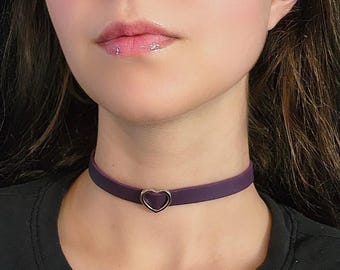 Ras de cou coeur en argent violet faux cuir collier pour femme, joli collier gothique, vêtements E fille, bijoux gothiques, bijoux punk grunge