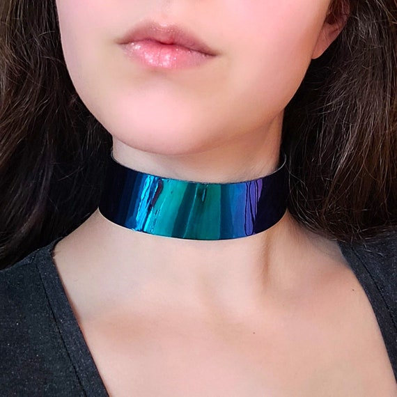 Green Cyberpunk Necklace, Holographic Choker Collar, Blue Plastic