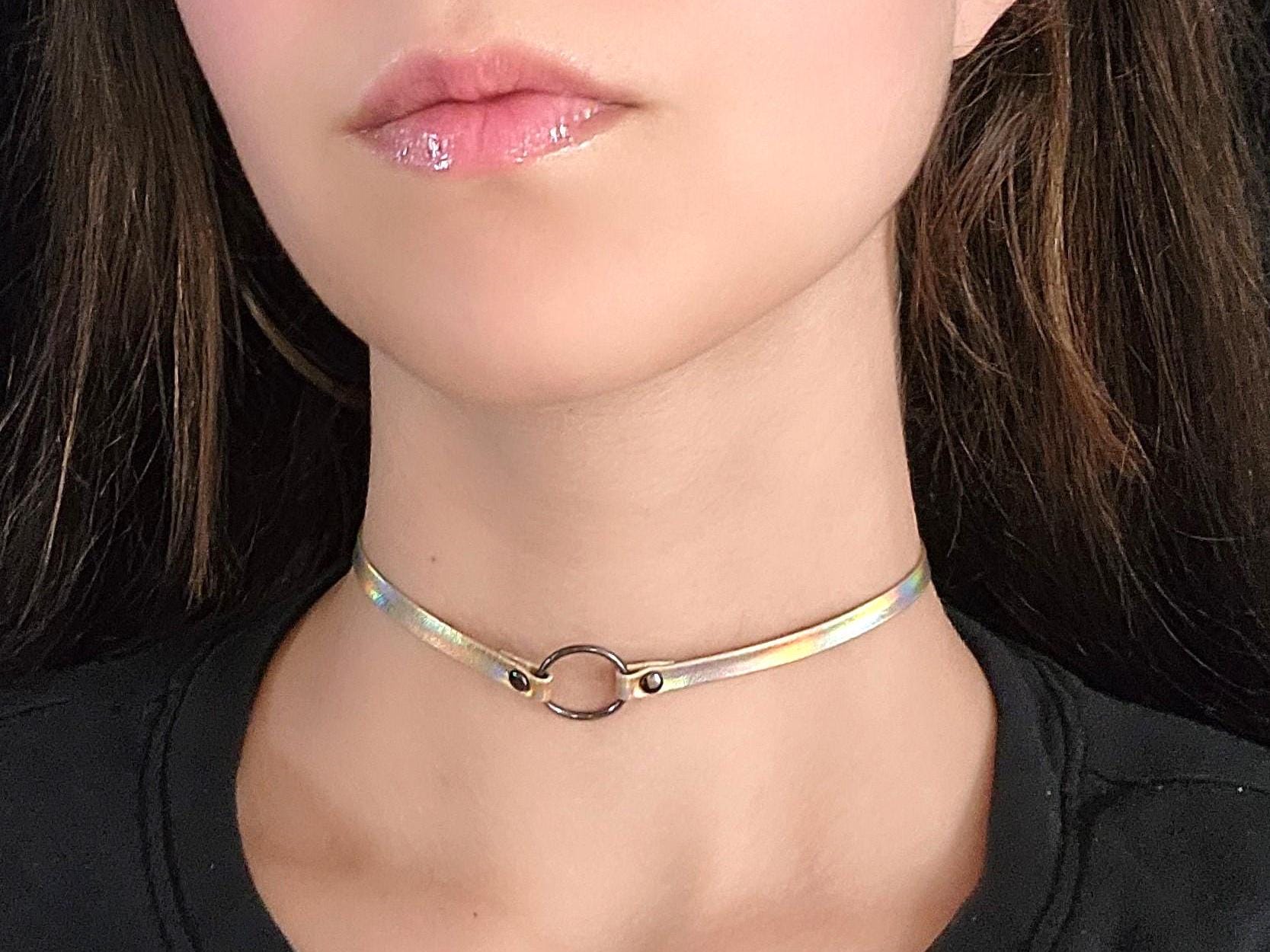 Gold Holographic Collar Choker Gold O Ring Faux Leather Cyberpunk