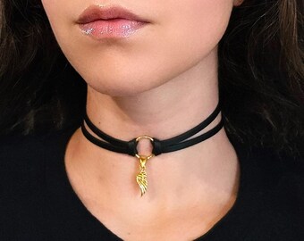 Gold Angel Wing Necklace, Goth Black Knot O Ring Choker Layered Necklace, Whimsigoth Necklace, Faux Leather Choker, Gothic Jewelry