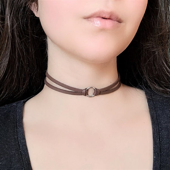 Layered O Ring Choker, Brown Vegan Leather Collar Choker