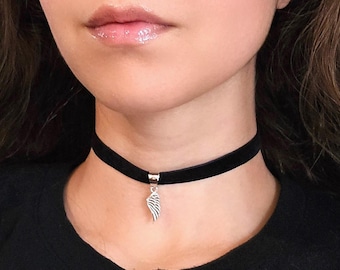 Angel Wing Necklace, Goth Black Velvet Choker, Whimsigoth Silver Charm Necklace, 90s Grunge Gothic Choker