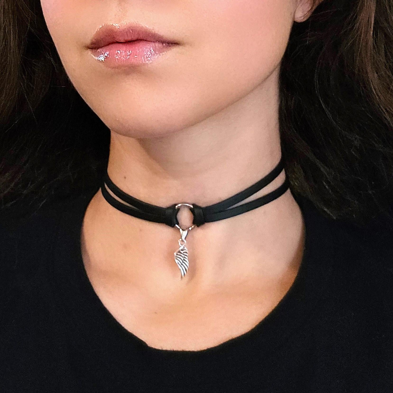 Gold Angel Wing Necklace, Goth Black Knot O Ring Choker Layered 