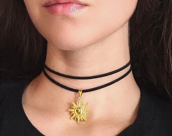 Gold Sun Necklace, Goth Thin Black Choker Layered Necklace, Boho Star Charm Necklace, Faux Leather Choker, 90s Grunge Celestial Jewelry