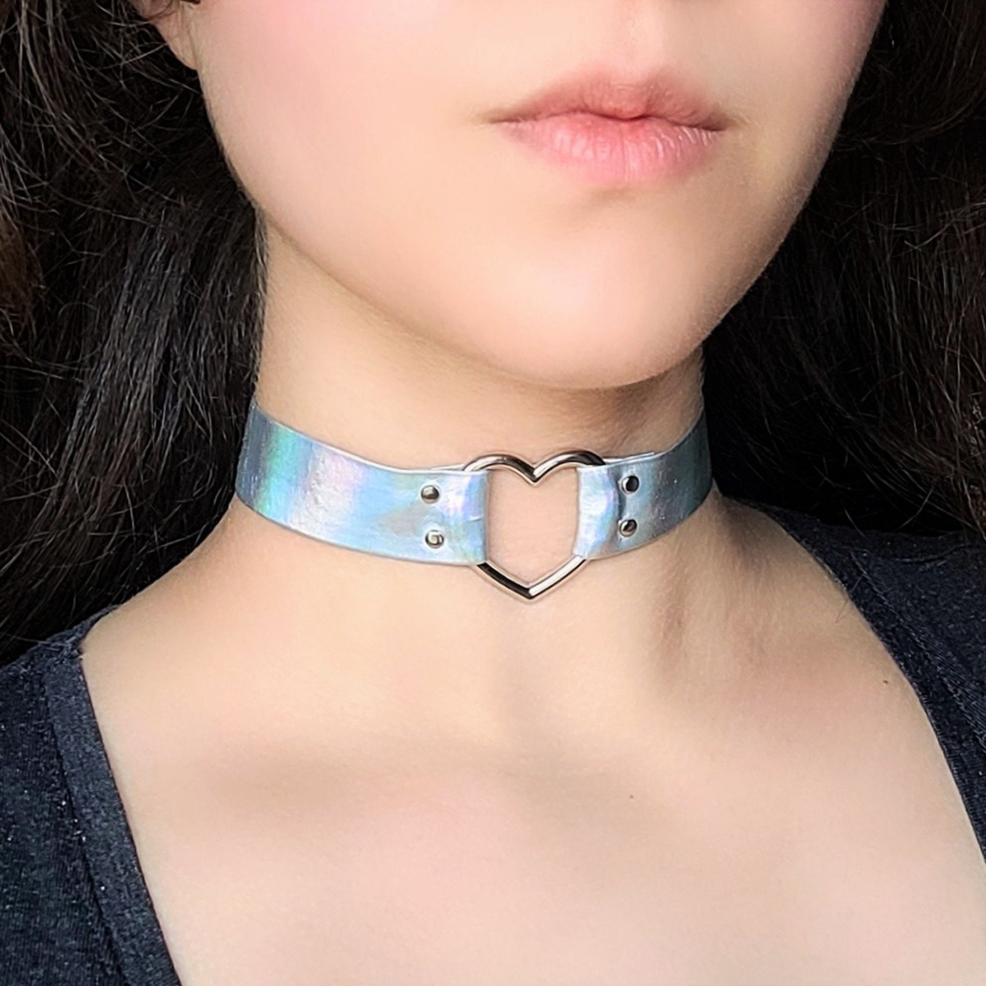 Cyberpunk Heart Choker, Holographic Silver Studded O Ring Collar