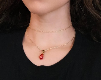 Pomegranate Necklace, Pink Pendant Charm Layered Fruit Necklace, Delicate Gold Chain Choker, Dainty Minimalist Persephone Jewelry