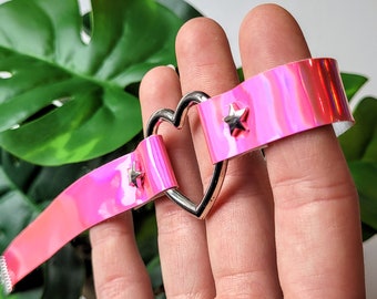 Hot Pink Holographic Choker Collar, Iridescent Heart O Ring Choker