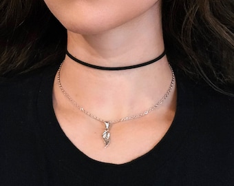 Silver Wing Necklace, Goth Thin Black Choker Layered Necklace, Whimsigoth Charm Necklace, Dainty Chain Choker, Gothic Jewelry