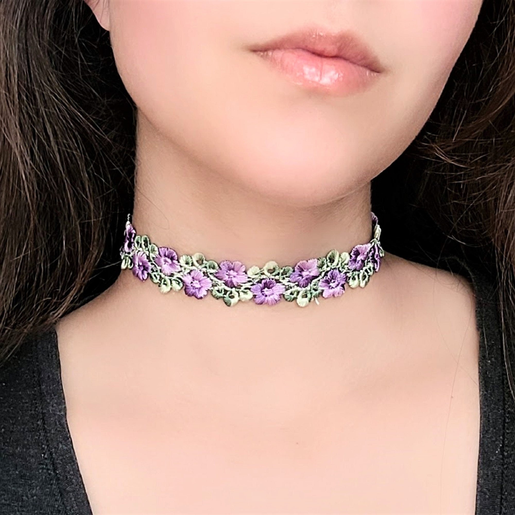 Purple Lace Choker, Lavender Fairycore Flower Necklace, Fae Fairy
