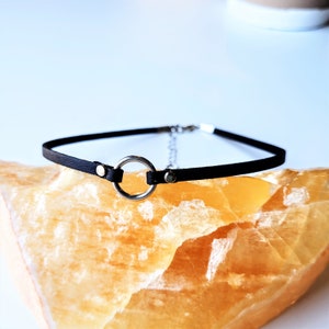 May include: A black leather choker necklace with a silver circle pendant.