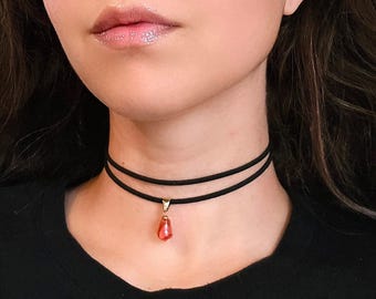 Pomegranate Necklace, Thin Black Choker Layered Necklace, Pink Pendant Persephone Jewelry, Dainty Charm Necklace, Faux Suede Leather Choker