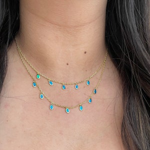 Blue Opal Necklace, Double Row Oval Dangling Opal Necklace, Gold Vermeil, Simulated Opals