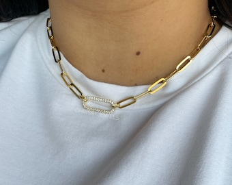Gold Diamond Oval Link Necklace, Gold Oval Chain Link Necklace, 18inch Paperclip Necklace, Minimal Chain Necklace for Layering