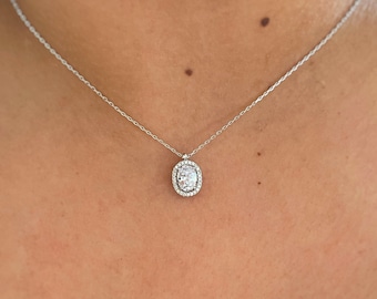 Oval Halo Pendant, Oval Diamond Solitaire Necklace, Bridal Jewelry, Wedding Necklace, Minimalist Jewelry