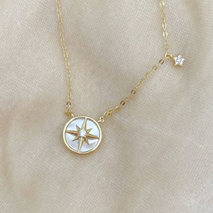 Collar de estrella y perla, collar de estrella con diamantes, collar de estrella con perla, collar minimalista, collar de capas, collar con brújula