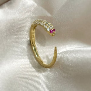 Gold Snake Ring, Wrap Snake ring, Red Eye Snake ring, Dainty Pave Snake Ring, Serpent Ring, Sterling Silver with Gold Vermeil