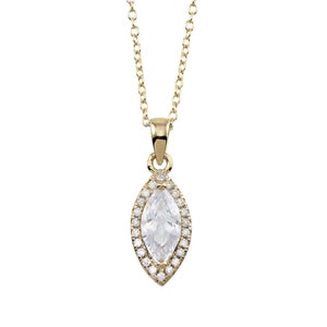 May include: A gold-colored necklace with a marquise-shaped pendant. The pendant features a large, clear, marquise-cut stone surrounded by smaller, round, clear stones. The necklace chain is delicate and also gold-colored.