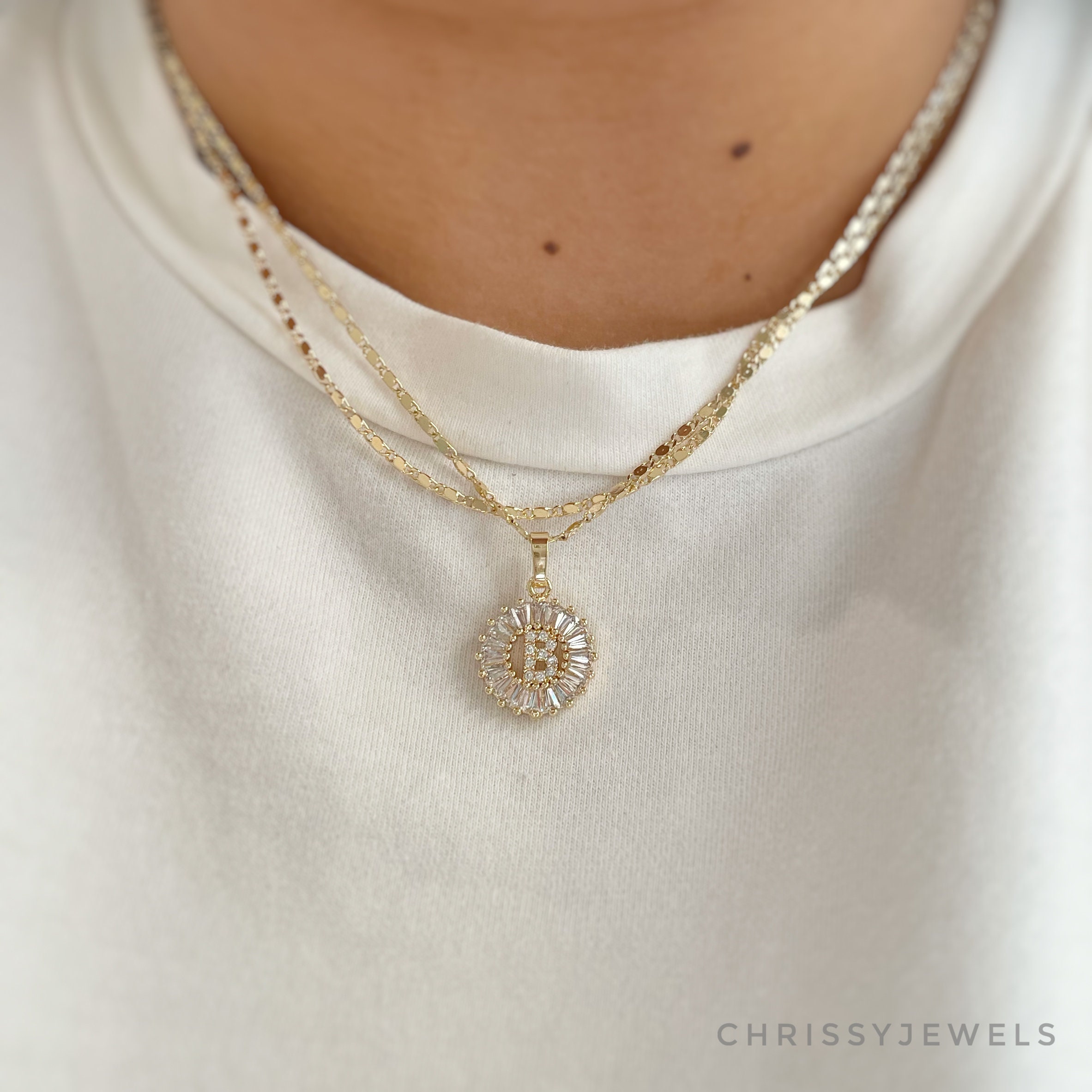 Gold Initial Medallion Necklace Custom Letter Charm Baguette Etsy