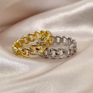 Cuban Link Ring, Full Eternity Cuban Chain Ring, Diamond Cuban Ring, Sterling Silver, Gold Vermeil, Simulated Diamonds, Chunky Cuban Ring