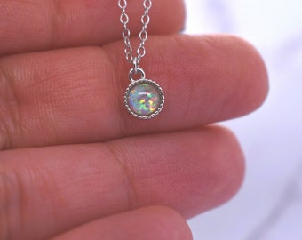 Opal Necklace, Round Opal Charm Necklace, Sterling Silver, Layering Necklace, Very Dainty Minimalist Necklace