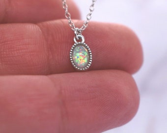 Opal Necklace, Oval Opal Charm Necklace, Sterling Silver, Layering Necklace, Very Dainty Minimalist Necklace