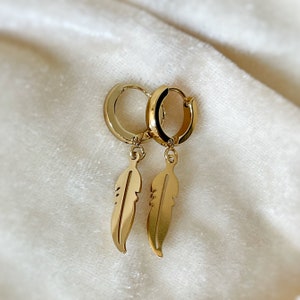 Gold Feather Hoop Earrings: Stainless Steel Huggie Hoops