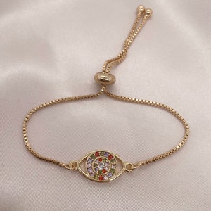 Gold Eye Gemstone Dainty Bracelet, Adjustable CZ Evil Eye Charm Bracelet, Eye Charm Slider Bracelet, Friendship Best friend Bracelet