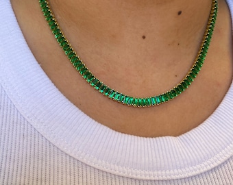 Emerald Tennis Necklace, Green Eternity Necklace, Baguette Green Chain, Layering Necklace, Baguette Cut Necklace