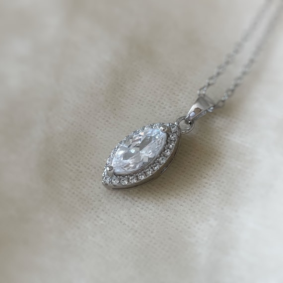 Marquise Halo Diamond Pendant: Sterling Silver Wedding Necklace