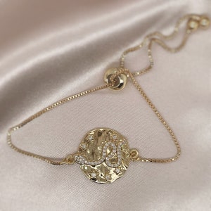 Gold Snake Bracelet, Adjustable CZ Snake Charm Bracelet, Snake Disk Slider Bracelet, Friendship Best friend Bracelet