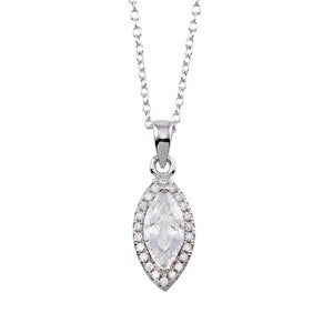 May include: A silver pendant necklace featuring a marquise-cut clear gemstone surrounded by a halo of smaller, round clear gemstones. The pendant hangs from a delicate silver chain, creating an elegant and timeless piece of jewelry.