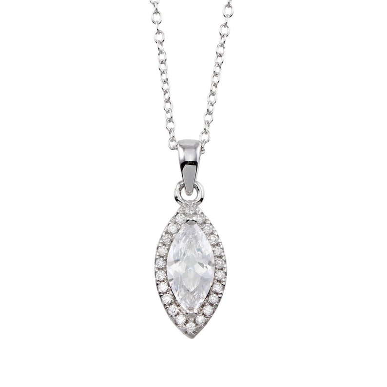 May include: A silver pendant necklace featuring a marquise-cut clear gemstone surrounded by a halo of smaller, round clear gemstones. The pendant hangs from a delicate silver chain, creating an elegant and timeless piece of jewelry.