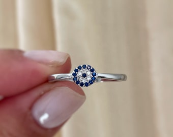 Pierścień Evil Eye, pierścień do łączenia, pierścień Evil Eye, mini opaska na oko, pierścionek na prezent, minimalistyczny pierścień do łączenia, srebro próby 925 z pozłacanym srebrem