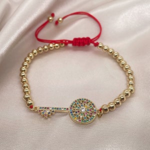 Gold Key Gemstone Dainty Bracelet, Adjustable CZ Key Charm Bracelet, Slider Bracelet, Friendship Best friend Bracelet