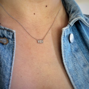 Baguette Solitaire Necklace, Sterling Silver, Baguette Charm, Simple Minimalist Necklace